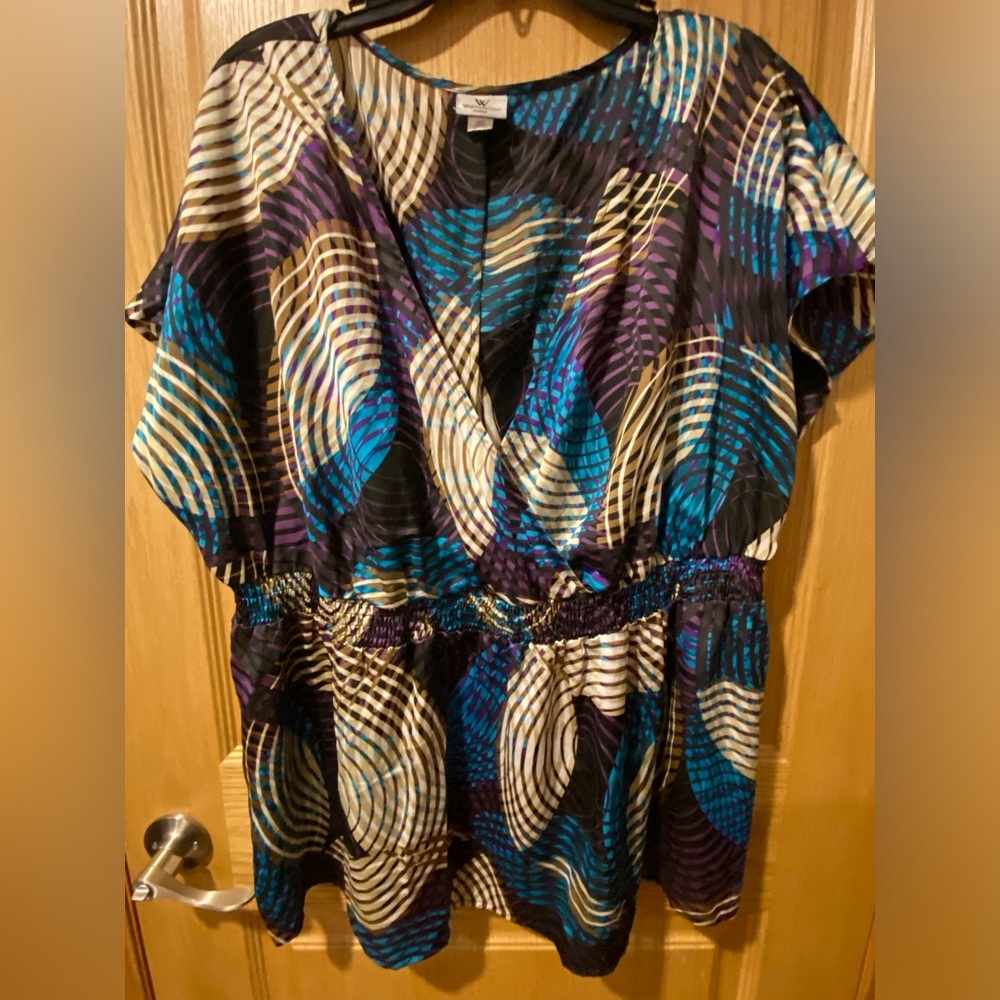 Worthington Women’s Plus Size 2X Blue Purple & Cream Silk Style Blouse
